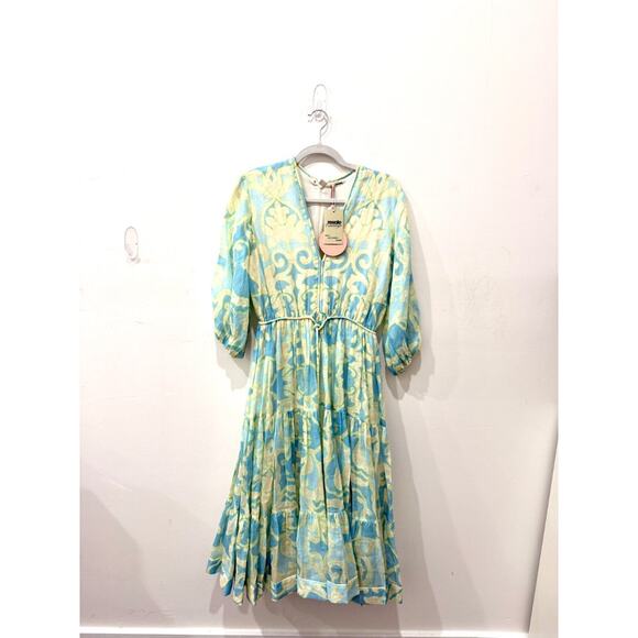 NWT Alexis Vine Print Vilas Tiered Tie Waist Midi Dress Blue Women's Size Small - Picture 2 of 5